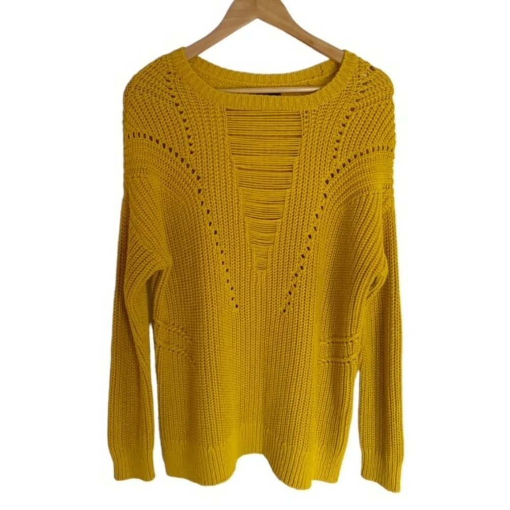 RACHEL Rachel Roy Mustard Yellow Open-Knit Scoop Neck Sweater